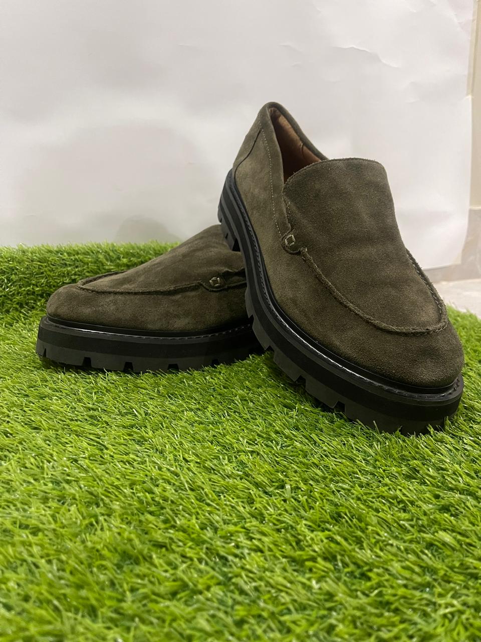 Men's Suede Block Heel Loafers Shoes in Hunter Green